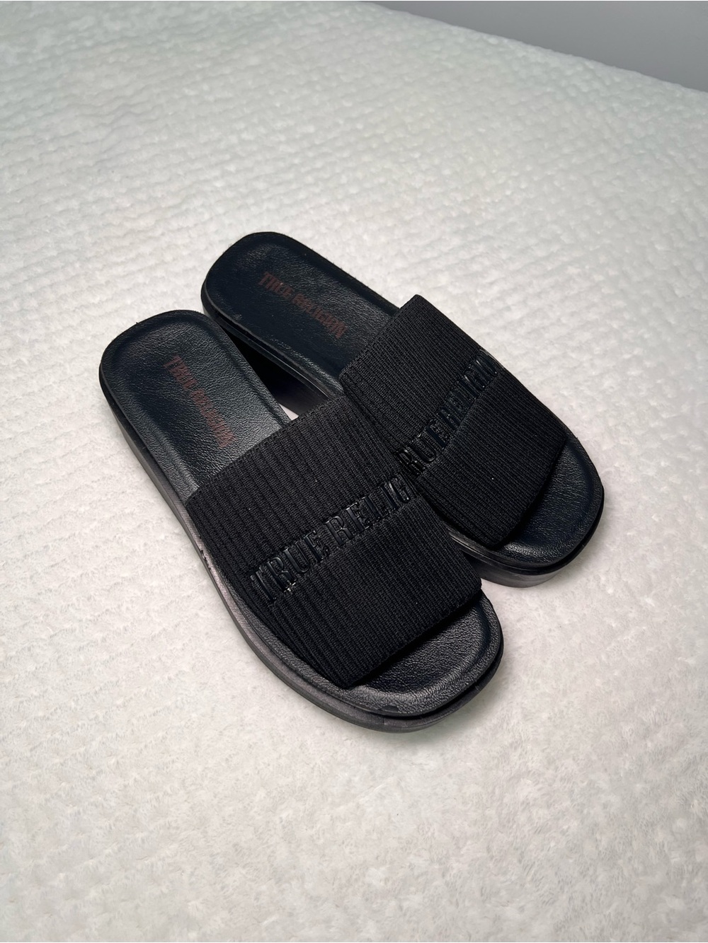 True Religion Black Ribbed Slide Wedges